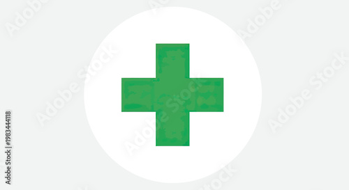 A textured green cross is centered within a white circle on a grey background
