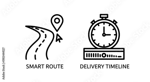 Smart route and delivery timeline logistics icons with logistics, delivery