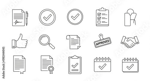 Collection of business and approval icons in sketch style.