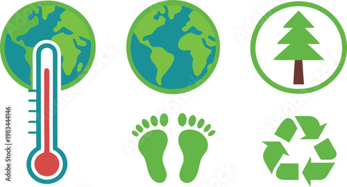 Set of ecological and environmental with globe and thermometer on white background