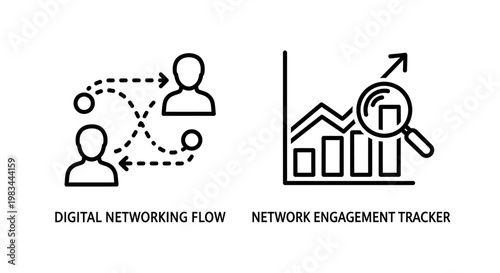 Digital networking flow and engagement analysis icons with networking, analysis