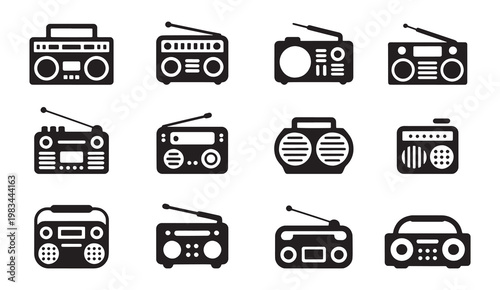Radio icon set audio broadcast and music device symbols in solid style vector illustration collection