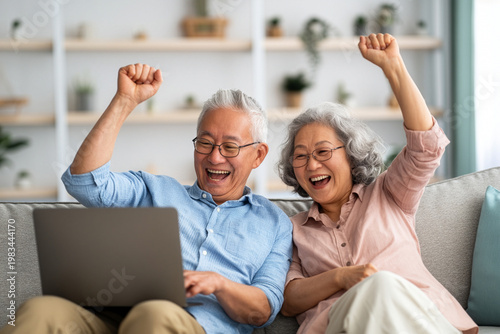senior couple using laptop, Happy Older Asian Couple Celebrating Success with Laptop in Home