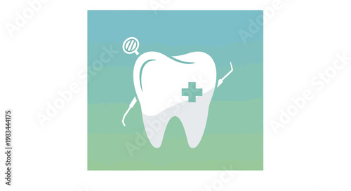 Whimsical white tooth with dental tools and cross on gradient background