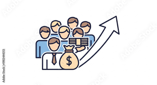 Group of people with money bag and upward arrow.