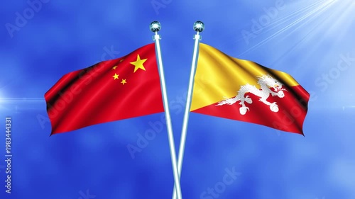 China and Bhutan Flag Waving On Pole Loop