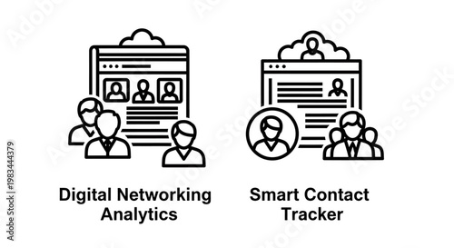 Digital networking analytics and smart contact tracker outline icons