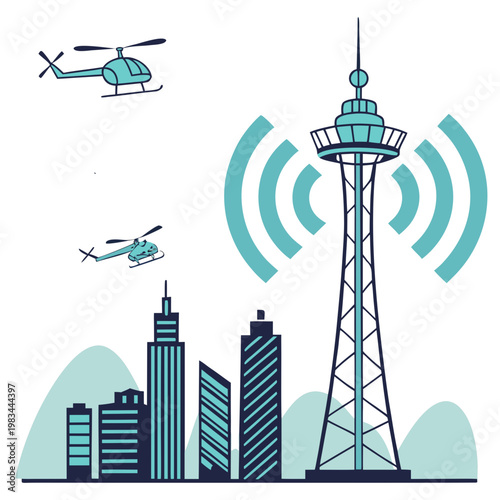 Communication tower in a city skyline with helicopters flying nearby radio waves communication helicopter broadcast wireless technology transportation transmission architecture illustration