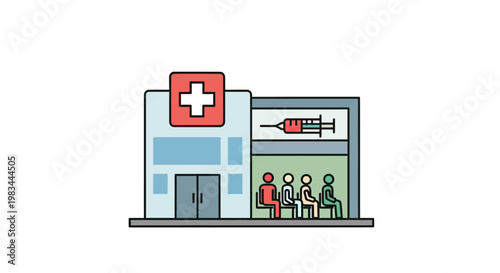 Stylized illustration of a medical building with patients waiting and a syringe symbol
