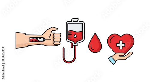 Blood donation concept with arm bag and heart symbol.