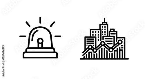 Emergency siren alarm and city infrastructure statistics icons with real estate