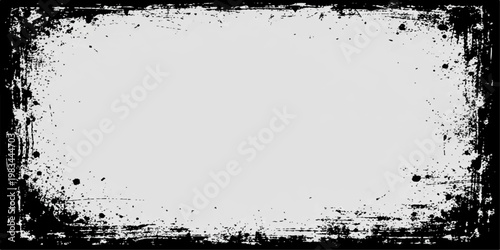Fotografía Vintage Black Grunge Border Frame with Rough Ink Splatter Edges and Distressed Texture on White Background, Abstract Paint Splash Backdrop for Creative Template and Layout Design