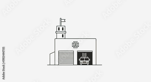 Stylized depiction of a firehouse with a red fire truck exiting