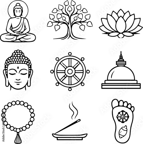 Buddha Purnima Line Icon Set with Meditation, Lotus, Dharma Wheel and Spiritual Symbols