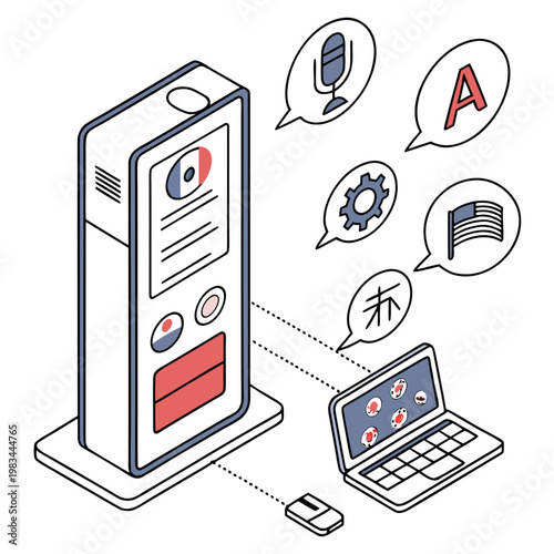 Isometric illustration of a translation kiosk with language and technology icons foreign language machine translation isometric technology language illustration communication