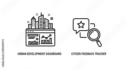 Urban development dashboard and citizen feedback tracker icons with development
