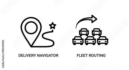 Delivery navigator and fleet routing logistics icon set with logistics, delivery
