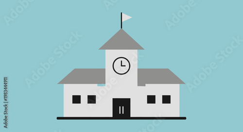 A minimalist, geometric illustration of a white and gray building with a clock tower and flag