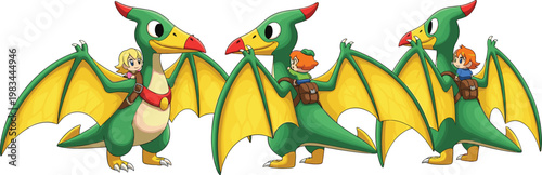 Cartoon Dragon with Yellow Wings and Adventurous Riders for Fantasy and Animation Designs
