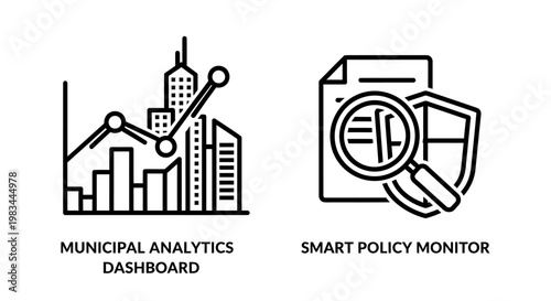 Municipal analytics dashboard and smart policy monitor line icons with municipal