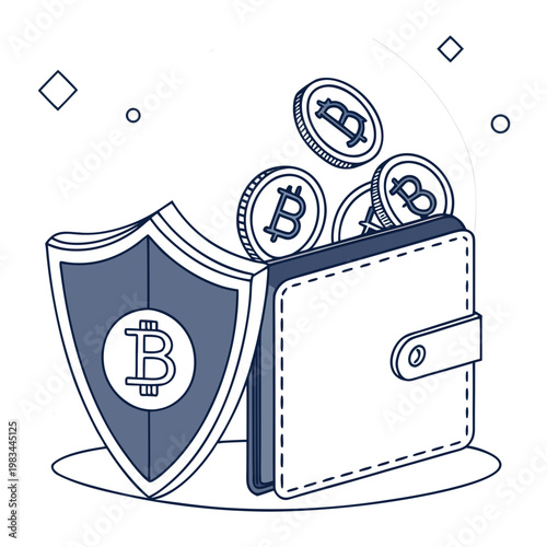 Bitcoin cryptocurrency wallet security with shield and digital coins digital currency private key cryptocurrency security blockchain investment protection illustration technology transaction