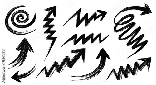 Hand drawn arrows, black directional icons, sketchy pointers, vector graphics