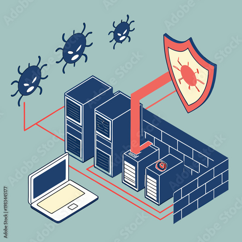 Cyber attack defense with firewall and antivirus protection firewall security computer protection antivirus internet illustration isometric information safeguard software technology