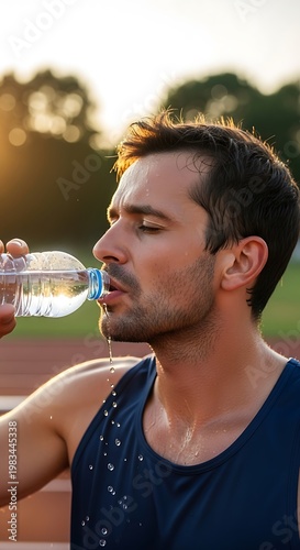 Focused athlete hydrating after intense workout on the track.