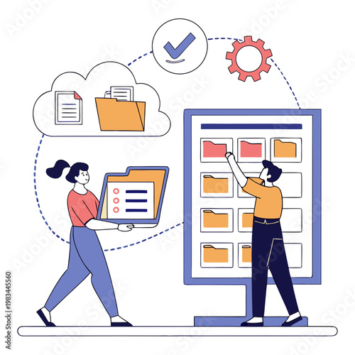 People organizing digital files in cloud storage system with data management flat design online storage file sharing organization collaboration teamwork illustration technology computer