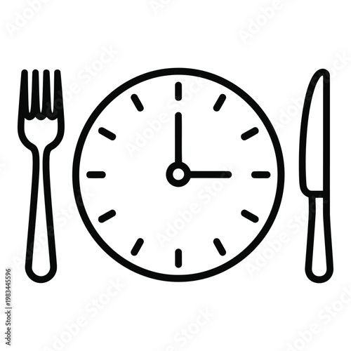A simple black and white line art illustration depicting a clock with a fork and knife on either side, symbolizing mealtime