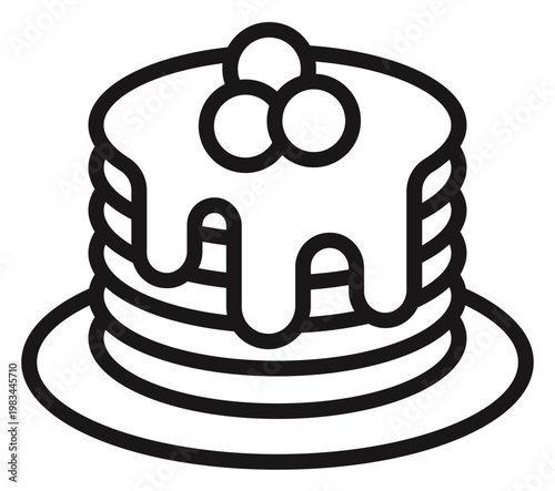 Stack of delicious pancakes with dripping maple syrup and fresh berries on a plate, minimalist black line art vector icon illustration for breakfast menus, food apps, and culinary designs.