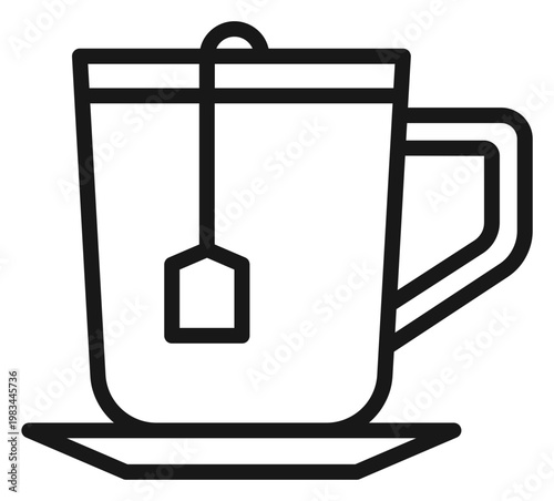 Schilderij op canvas Minimalist black line vector icon of a tea cup with a tea bag and saucer, isolated on a white background