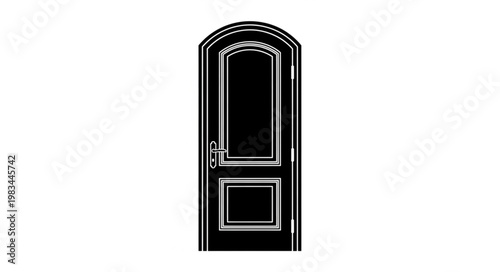 Elegant Black Interior Door with Arched Top and Silver Handle.