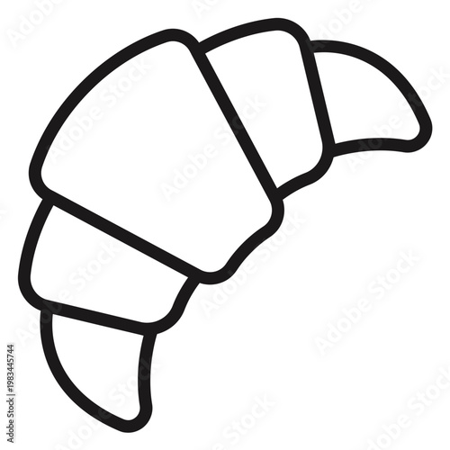 Minimalist black line art vector icon of a fresh croissant pastry, isolated on white background. Simple silhouette illustration of a French bakery breakfast food item for graphic design.