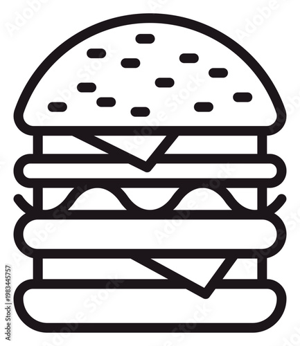 Double decker cheeseburger vector icon illustration. Minimalist black line art symbol of a delicious fast food hamburger with sesame seeds, cheese, and lettuce. Scalable graphic design element.