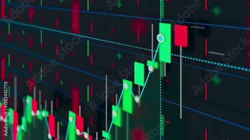 Candlestick charts in neon green and red track across a dark digital dashboard in a seamless loop. Forex analytics, crypto trading, global markets, or inflation trends