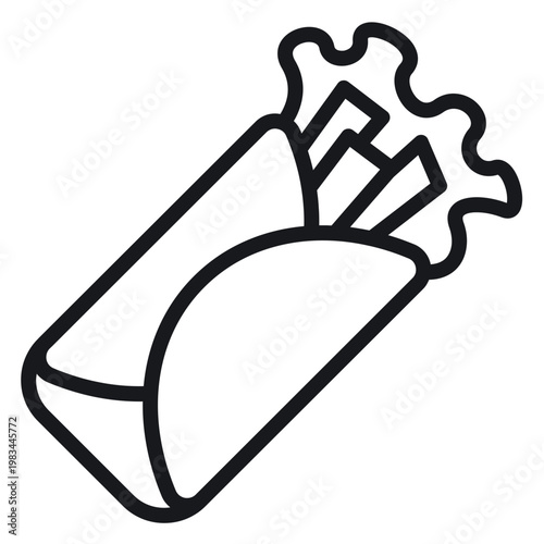 Black line art vector illustration of a delicious burrito, shawarma, or wrap sandwich filled with fresh lettuce and ingredients, minimalist food icon for restaurant menus and web design.