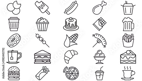 Vector Icon Set of 25 Black Line Art Food and Beverage Symbols, Including Fast Food, Snacks, Desserts, Coffee, Tea, Pizza, Burger, Fries, and Sweets, Minimalist Collection for Menu and Web Design