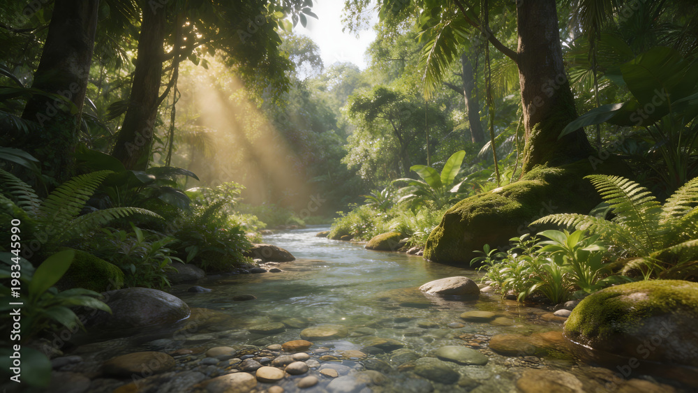 Obraz premium Sunlit stream in lush jungle