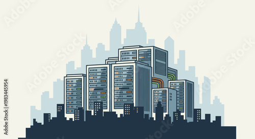 Abstract representation of a data center cluster within a city skyline