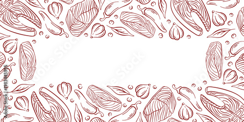 Seafood frame illustration with salmon steak, chili pepper, garlic and herbs in line art style. Culinary background for wallpaper seafood store and menu design.