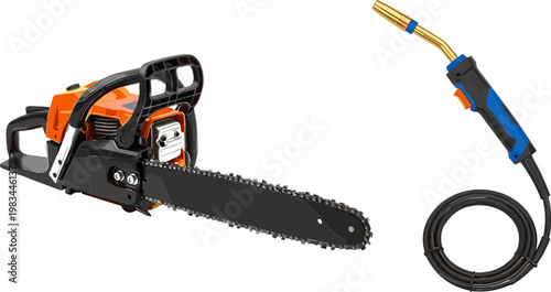 Chainsaw and Welding Torch Set with Detailed Tools for Construction, DIY, and Industrial Equipment Illustration Designs