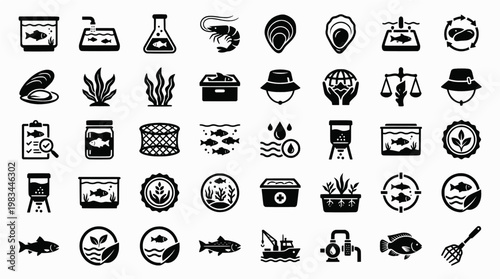 Aquaculture Icon Set. Outline icon set of aquaculture sustainability: fish tank, pond, net, shrimp, oyster,
