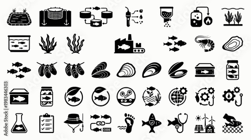 Aquaculture Icon Set. Outline icon set of aquaculture sustainability: fish tank, pond, net, shrimp, oyster,

