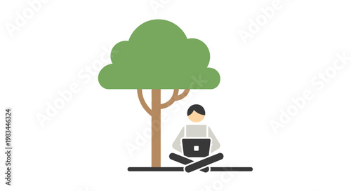 Man sitting under tree with laptop.