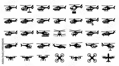 Helicopter Icon Set. Outline icon set of helicopter types: military helicopter, rescue helicopter, cargo helicopter, attack helicopter,

