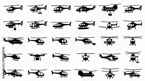 Helicopter Icon Set. Outline icon set of helicopter types: military helicopter, rescue helicopter, cargo helicopter, attack helicopter,
