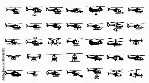 Helicopter Icon Set. Outline icon set of helicopter types: military helicopter, rescue helicopter, cargo helicopter, attack helicopter,
