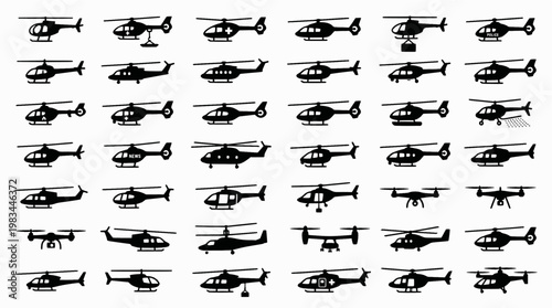 Helicopter Icon Set. Outline icon set of helicopter types: military helicopter, rescue helicopter, cargo helicopter, attack helicopter,

