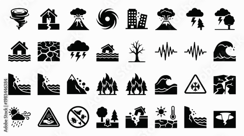 Natural disaster outline icons set – emergency, hazard, weather symbols
